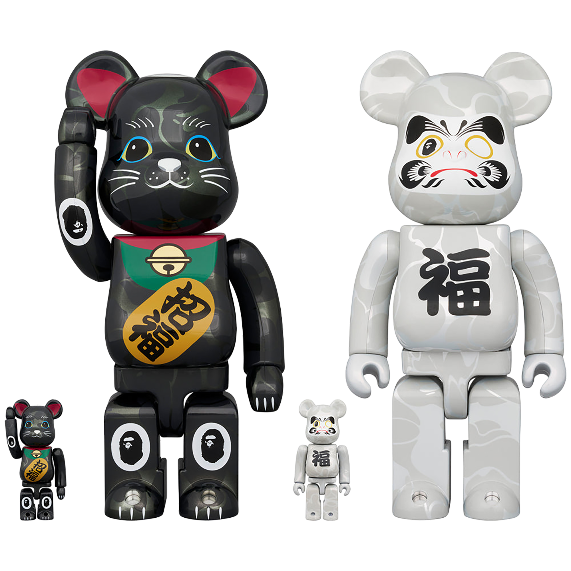 BE@RBRICK BAPE(R) Manekineko Black plated / Daruma White plated 100％ & 400％ （Set of 4）