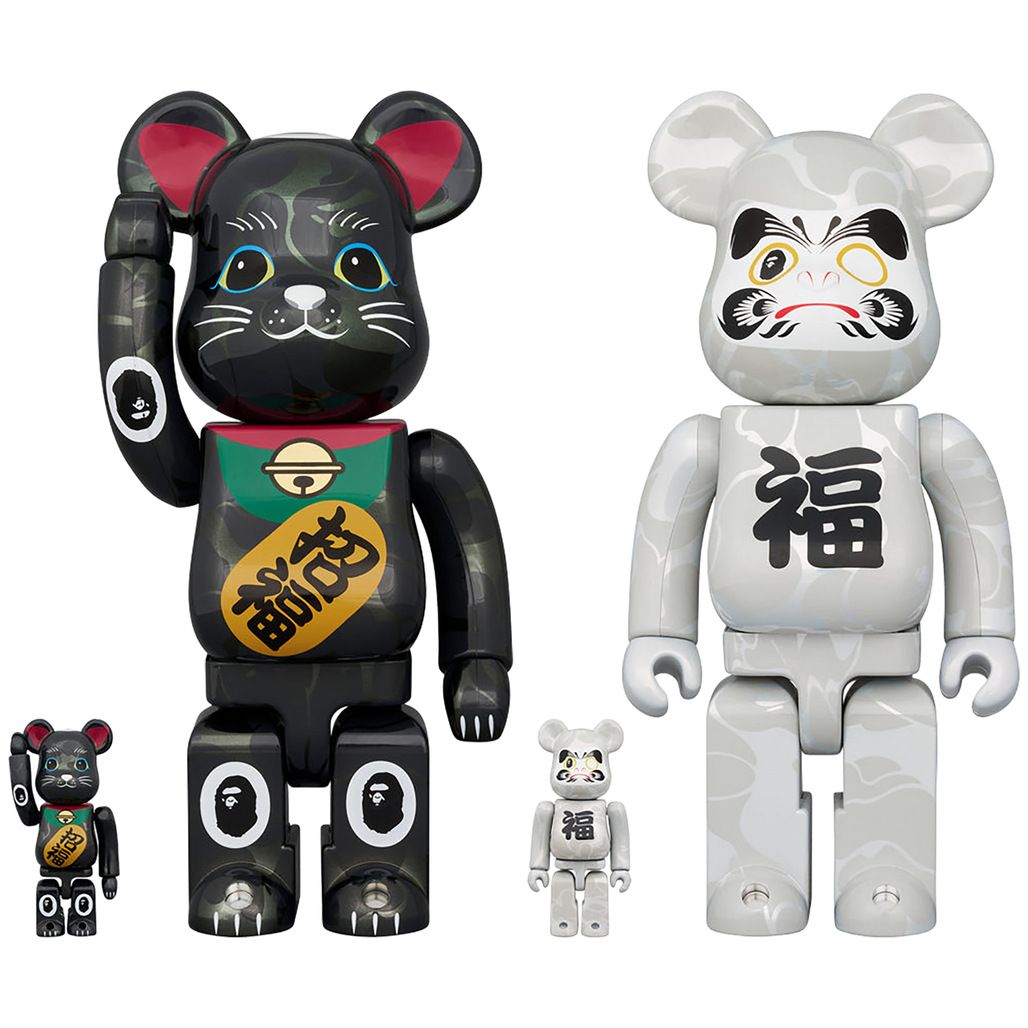 BE@RBRICK BAPE(R) Manekineko Black plated / Daruma White plated 100％ & 400％ （Set of 4）