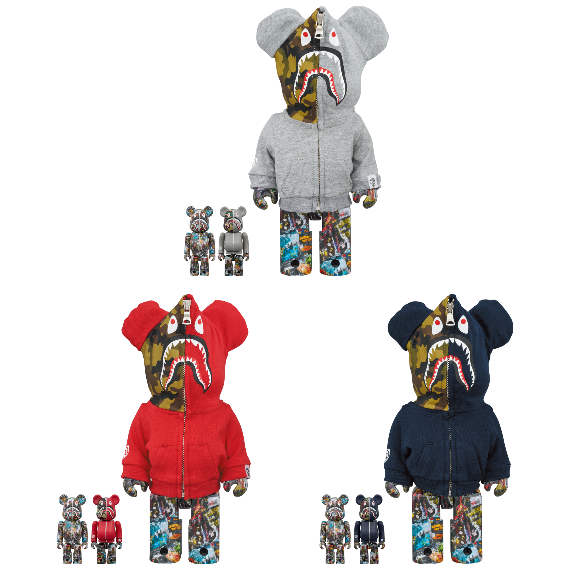 BE@RBRICK BAPE(R) LEGACY CAMO SHARK GRAY／RED／NAVY 100％ & 400％ 3 PCS SET
