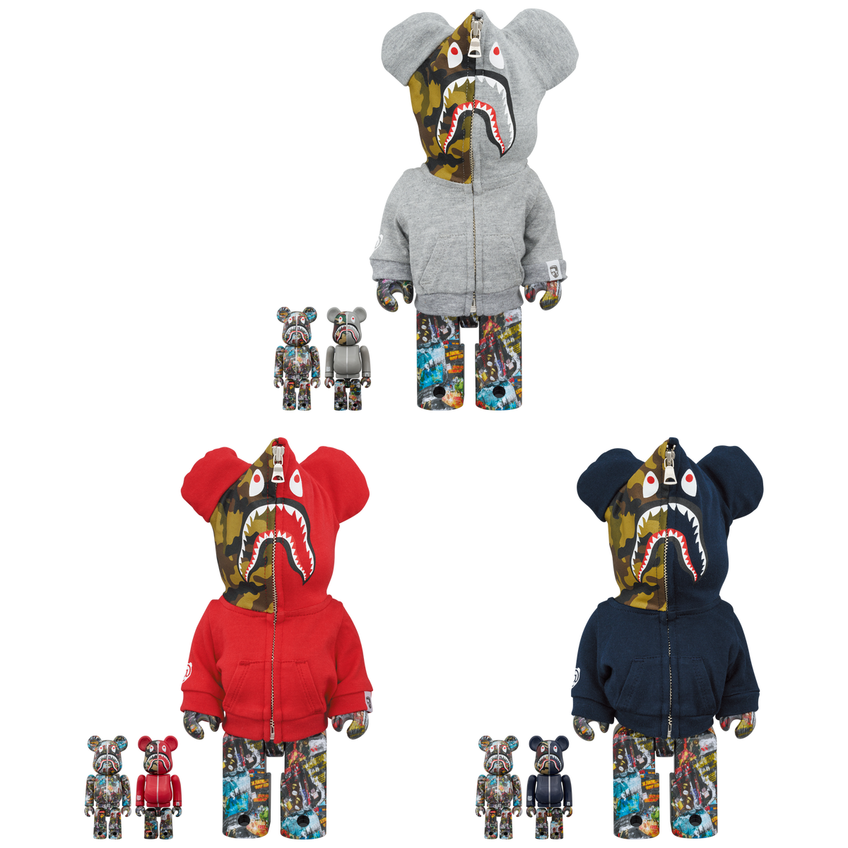 BE@RBRICK BAPE(R) LEGACY CAMO SHARK GRAY／RED／NAVY 100％ & 400％ 3 PCS SET

