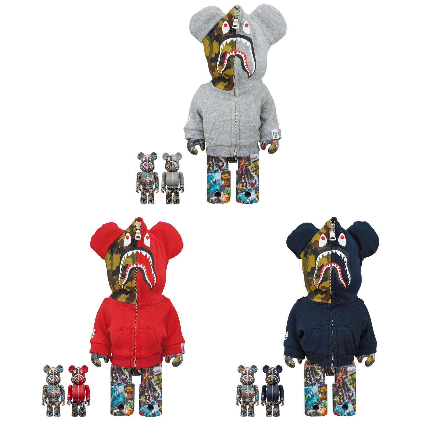 BE@RBRICK BAPE(R) LEGACY CAMO SHARK GRAY／RED／NAVY 100％ & 400％ 3 PCS SET
