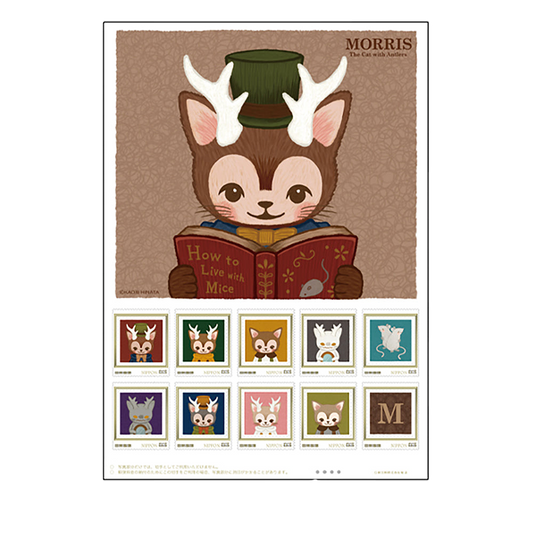 つのがはえた猫「MORRIS」 フレーム切手 ポストカード & A4クリアファイルセット、KITTY MORRISセット(限定カラー/レッド) 限定200個、KITTY MORRISセット(限定カラー/グリーン) 限定200個