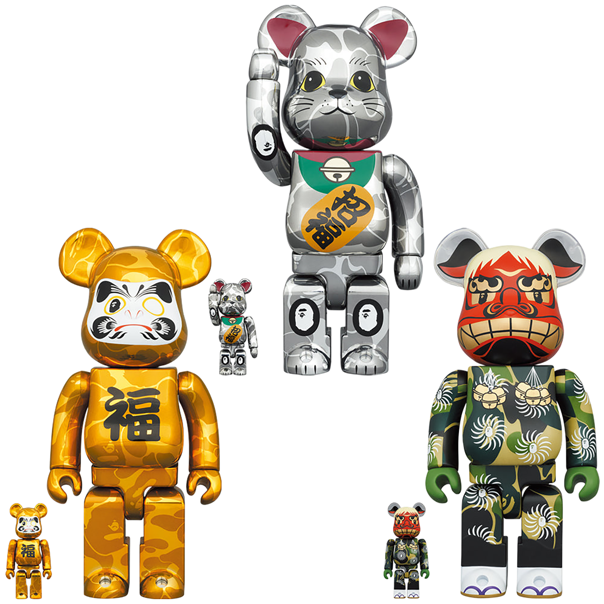 BE@RBRICK BAPE(R) Maneki Neko Silver Plated / Daruma Gold Plated / Shishimai 100% & 400% 6PCS
