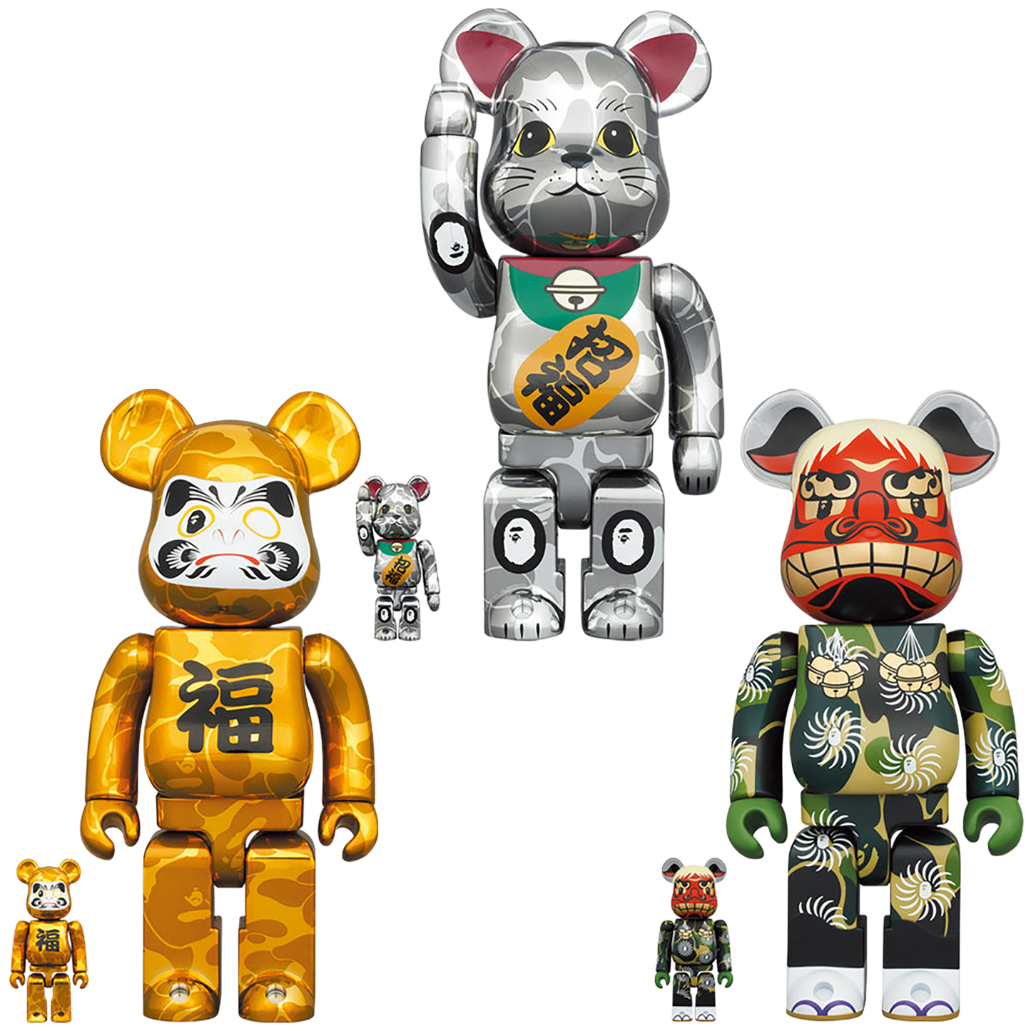 BE@RBRICK BAPE(R) Maneki Neko Silver Plated / Daruma Gold Plated / Shishimai 100% & 400% 6PCS