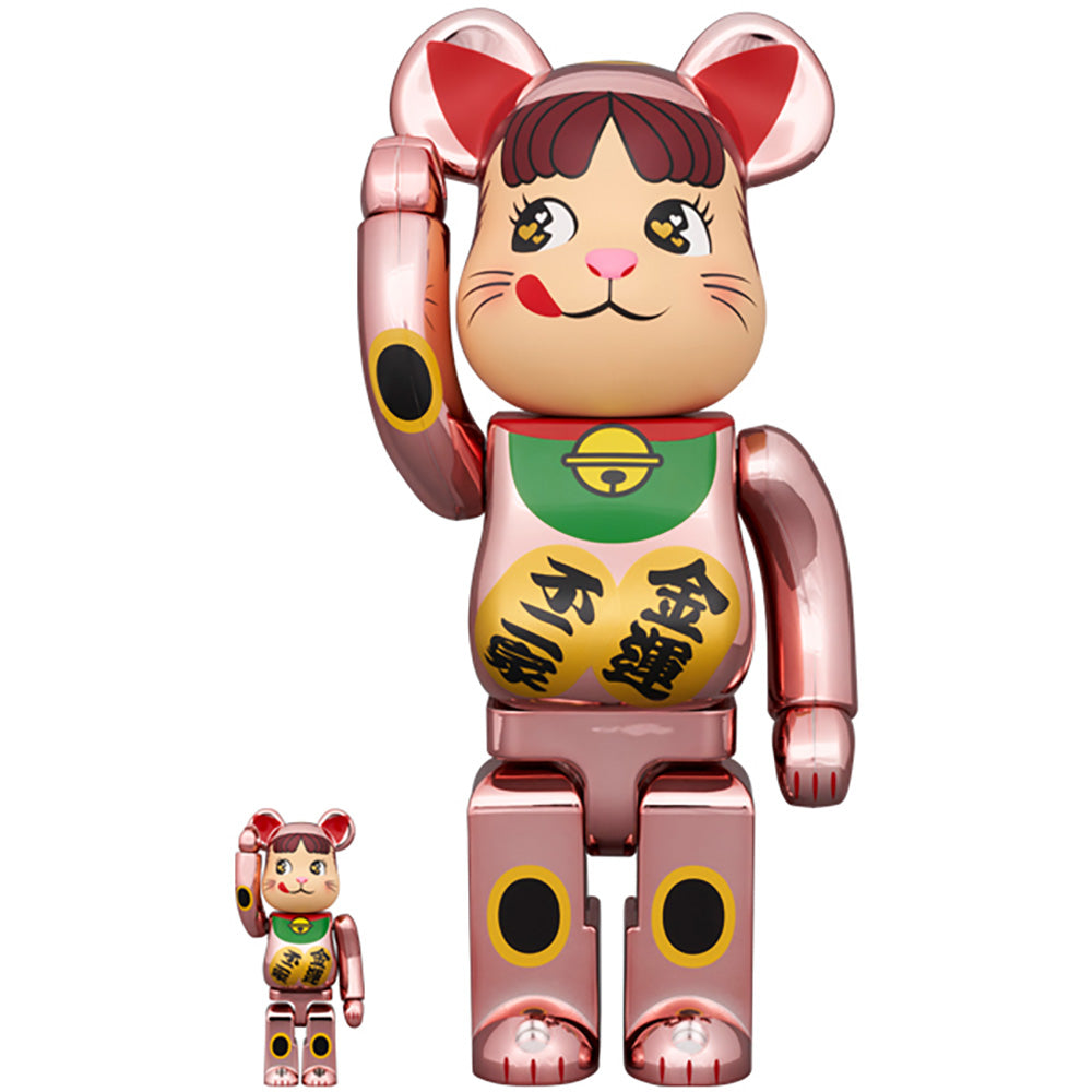 BE@RBRICK 招き猫 ペコちゃん 金運 ダブル小判 桃金メッキ 100％ & 400％_0