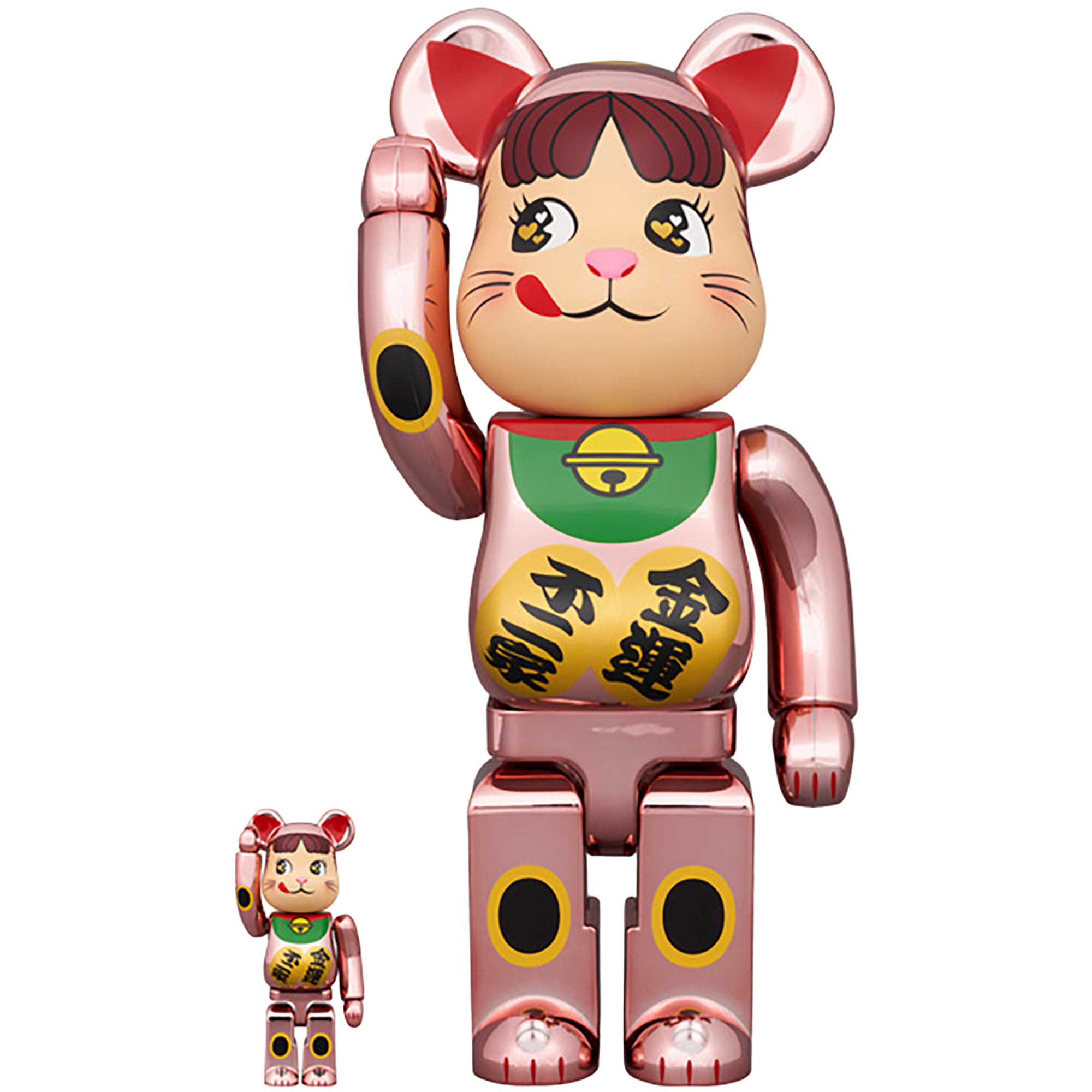 BE@RBRICK 招き猫 ペコちゃん 金運 ダブル小判 桃金メッキ 100％ & 400％