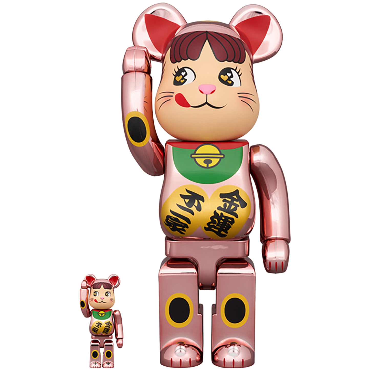 BE@RBRICK 招き猫 ペコちゃん 金運 ダブル小判 桃金メッキ 100％ & 400％