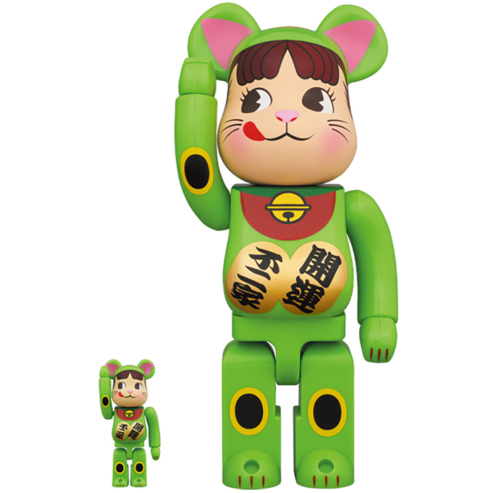 BE@RBRICK 招き猫 ペコちゃん 蛍光グリーン 100％ & 400％_0