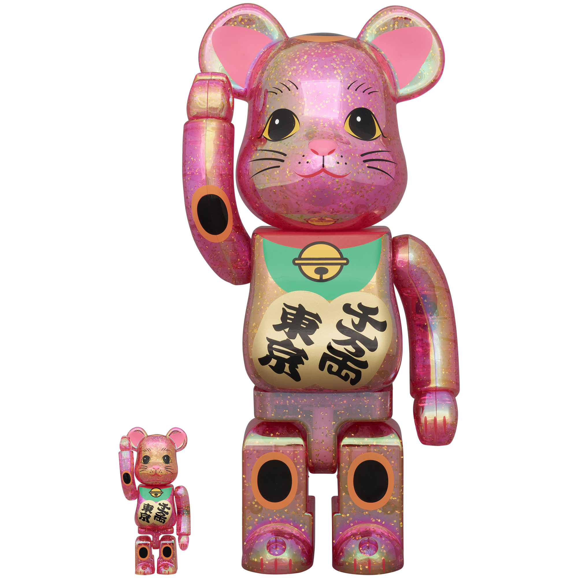 BE@RBRICK 招き猫 千万両・東京 桃色透明メッキ 桜吹雪 100％ & 400％_0