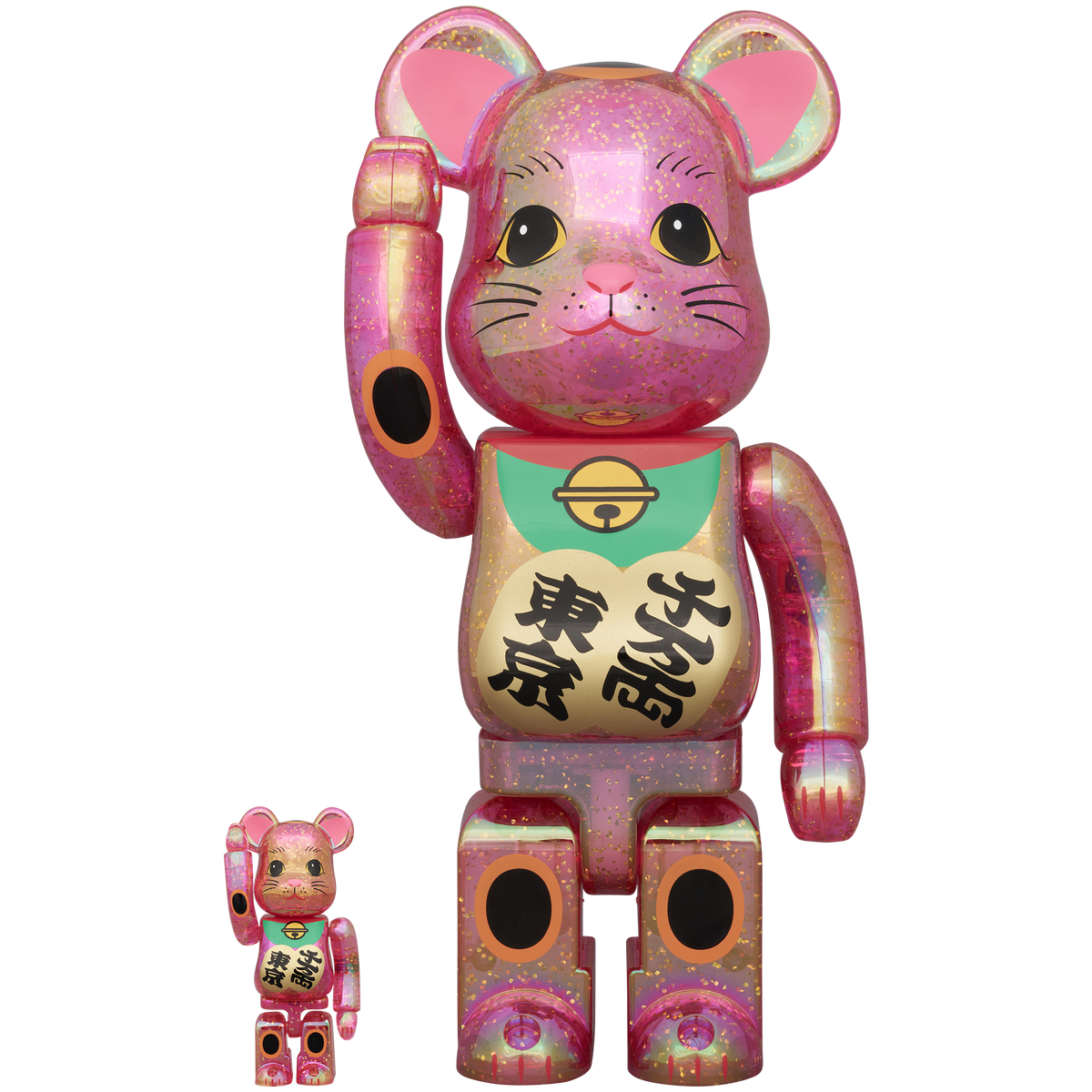 BE@RBRICK 招き猫 千万両・東京 桃色透明メッキ 桜吹雪 100％ & 400％_0