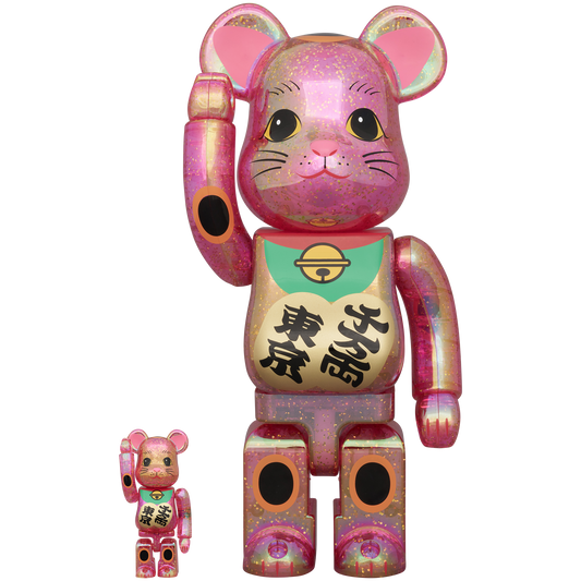 BE@RBRICK 招き猫 千万両・東京 桃色透明メッキ 桜吹雪 100％ & 400％_0