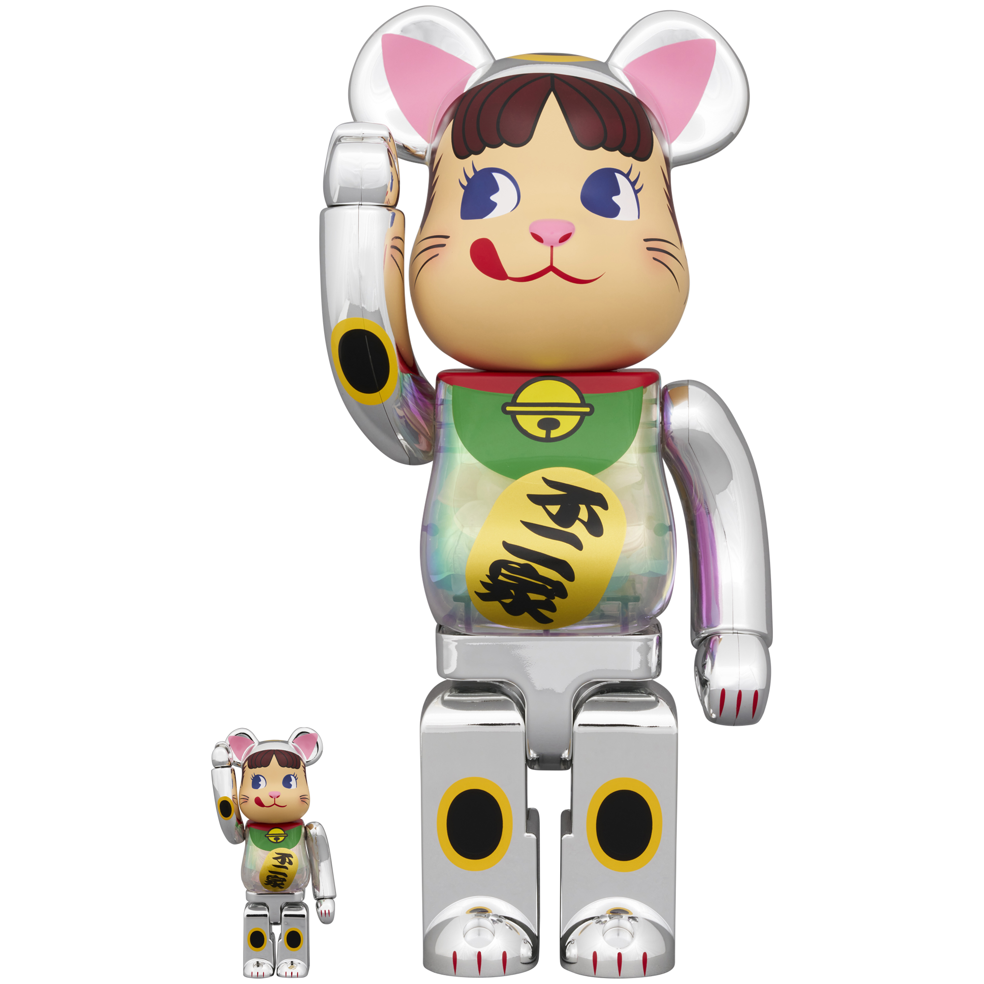 BE@RBRICK Manekineko Peko-chan Silver plated with luminescent milky 100％ & 400％ 
