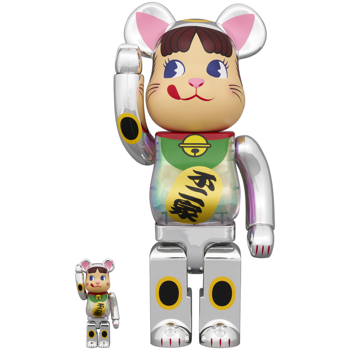 BE@RBRICK Manekineko Peko-chan Silver plated with luminescent milky 100％ & 400％ 
