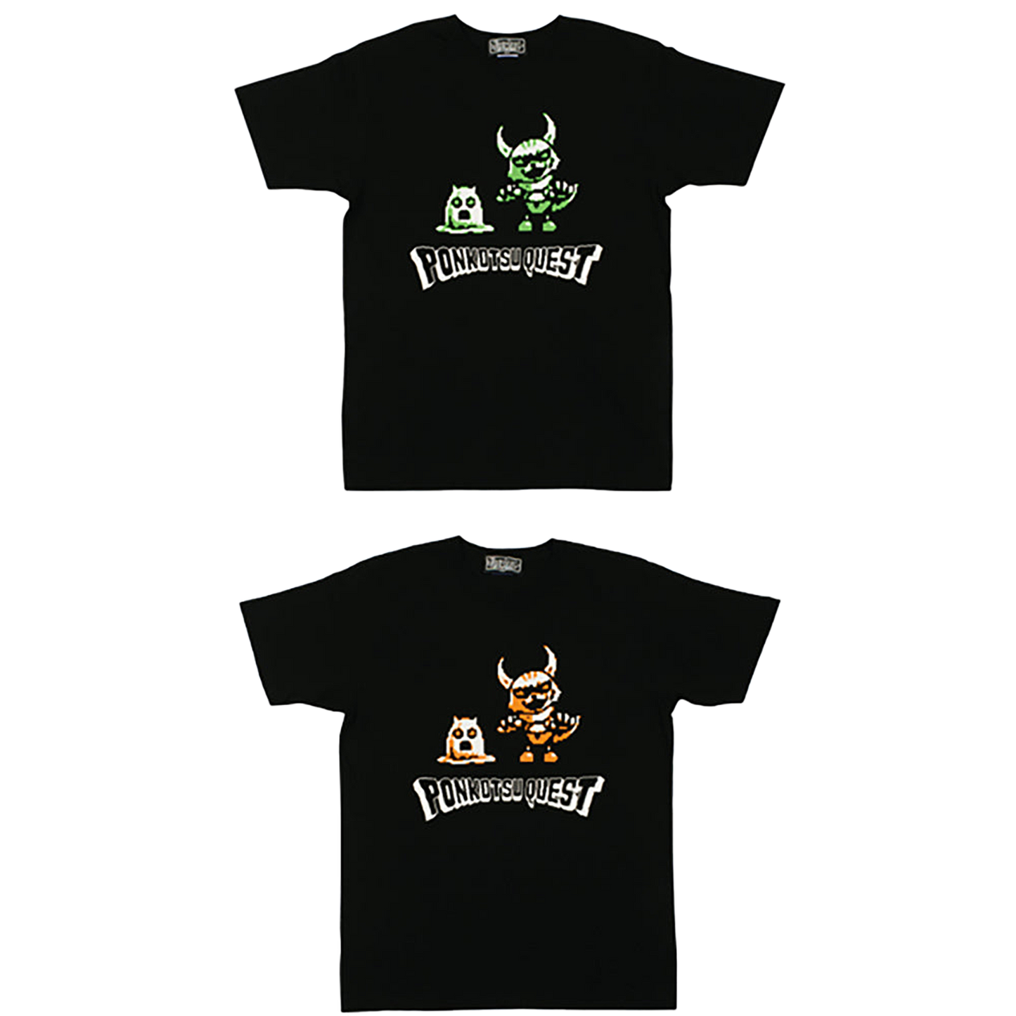 ポンコツクエスト Tシャツ B(こわいカクとイムラ) グリーン/オレンジ